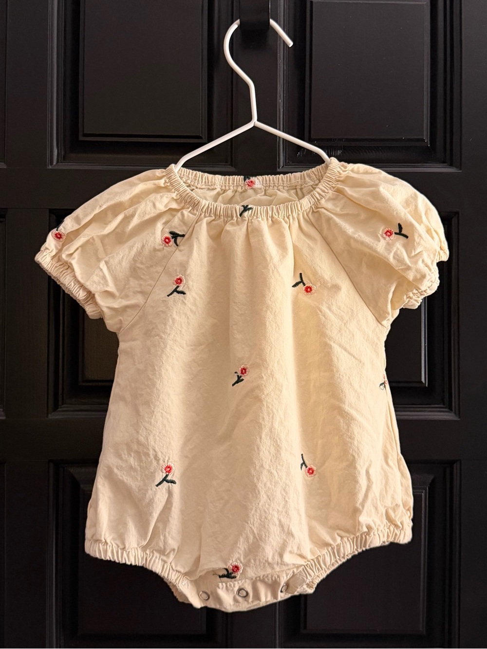 Infant 12-18m handmade French cotton romper with floral embroidery